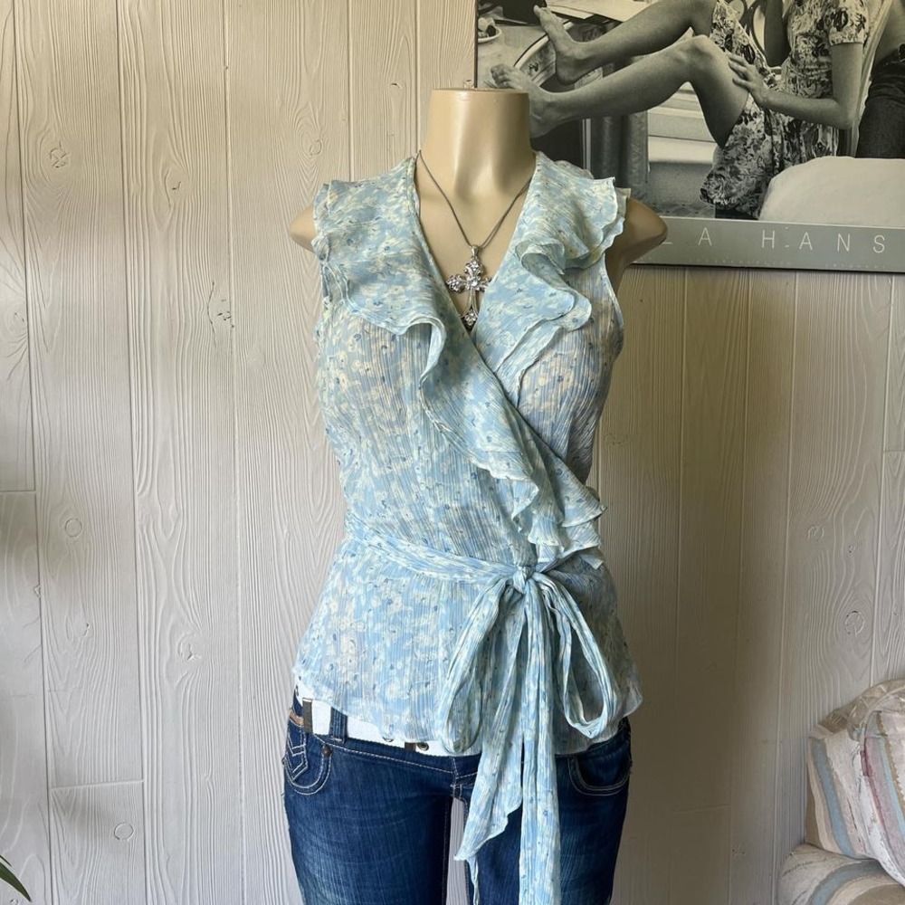 Ralph Lauren, silk blue, summer flowy Tie up sided‎ blouse